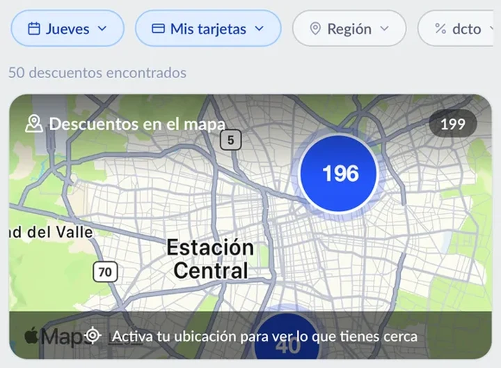 Descuentos en el mapa, con filtros por día y por tarjeta